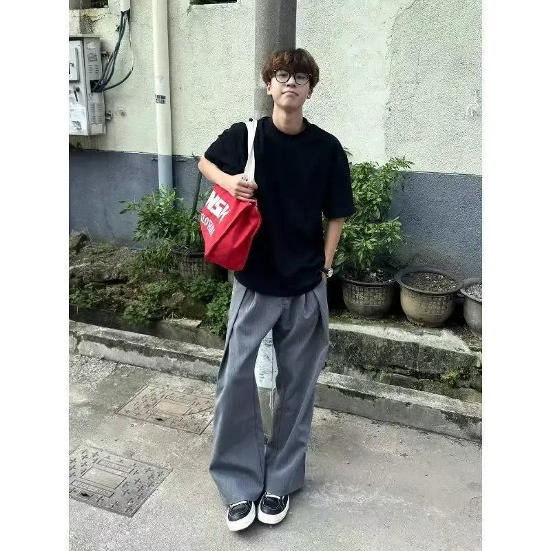 Spring Summer Pleated Wide Curved Trousers Men A-line Tailored Casual Suit Pants Streetwear Work wear Cleanfit Business