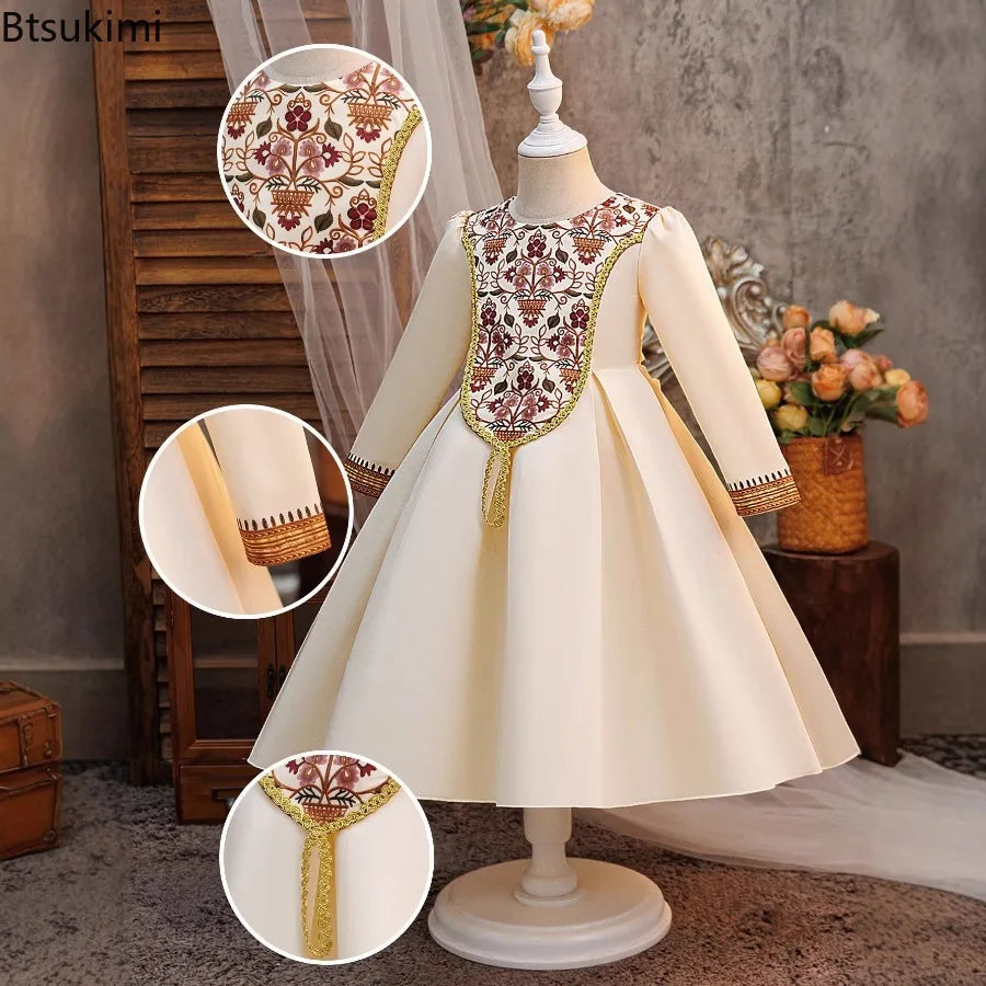 Kids Muslim Clothes Girls Long Sleeve Dressfashion Splice Print Robe Ramadan Party Dresses Dubai Morocco Gown for Birthday Gifts