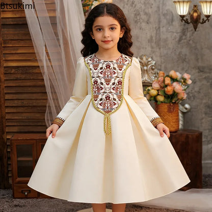 Kids Muslim Clothes Girls Long Sleeve Dressfashion Splice Print Robe Ramadan Party Dresses Dubai Morocco Gown for Birthday Gifts