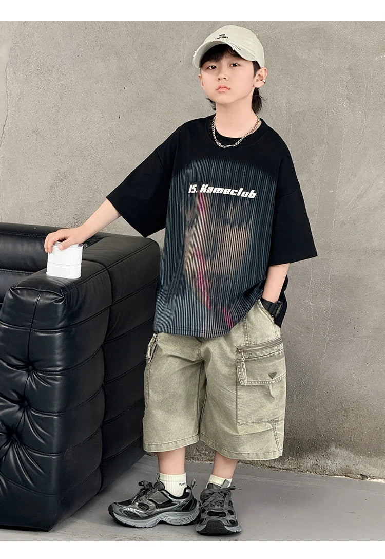 Korean Children Fashion Summer Clothes for Boy Streetwear Outfit Suit T-shirt Shorts Clothing Set Kids Street Top And Bottom Set
