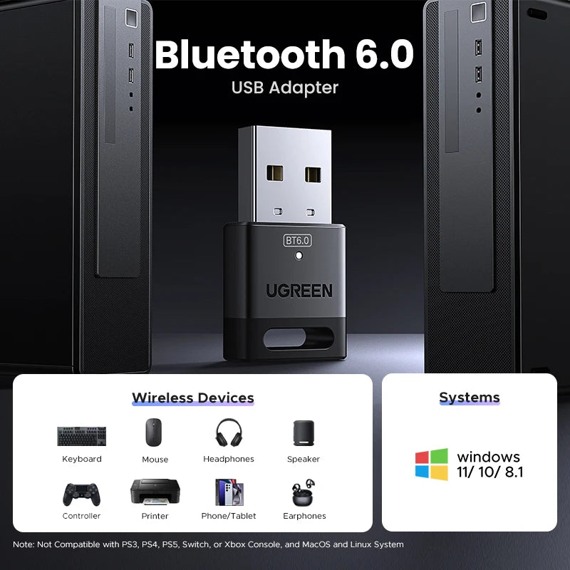 USB Bluetooth Adapter, Bluetooth 6.0 Dongle for PC Windows 11/10/8.1, Receiver &amp; Transmitter for Keyboard/Mouse