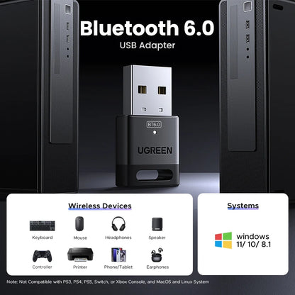 USB Bluetooth Adapter, Bluetooth 6.0 Dongle for PC Windows 11/10/8.1, Receiver &amp; Transmitter for Keyboard/Mouse
