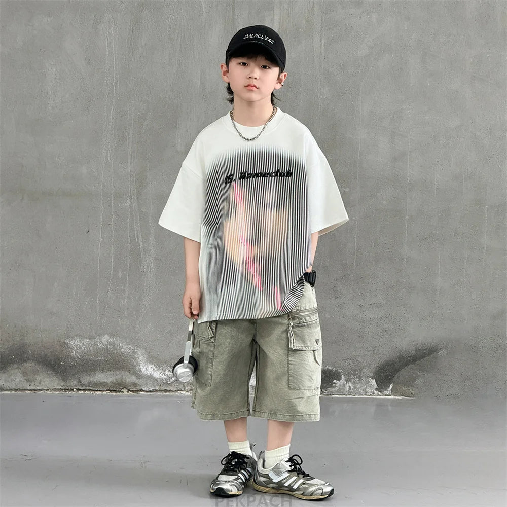 Korean Children Fashion Summer Clothes for Boy Streetwear Outfit Suit T-shirt Shorts Clothing Set Kids Street Top And Bottom Set