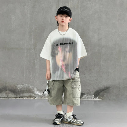 Korean Children Fashion Summer Clothes for Boy Streetwear Outfit Suit T-shirt Shorts Clothing Set Kids Street Top And Bottom Set