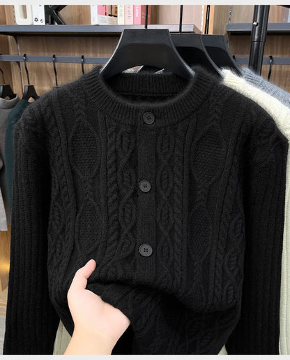 Men Cable Knit Cardigan Stand Collar Button Down Thick Warm Old Money Style Knit Coat For Autumn Winter