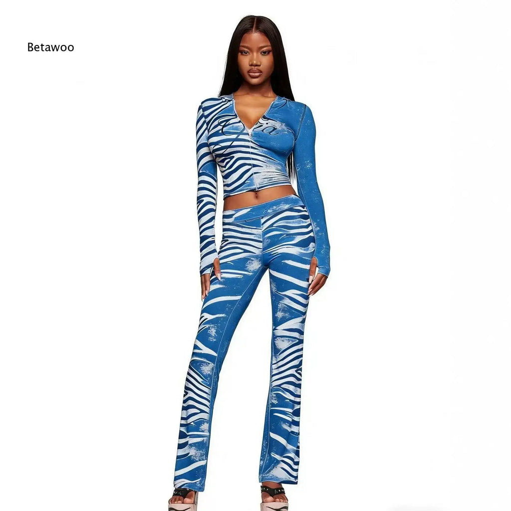 Women's Animal Print 2 Piece Outfit Long Sleeve Crop Top and Matching Pants Set Trendy Bodycon Clubwear Streetwear Fashion Look