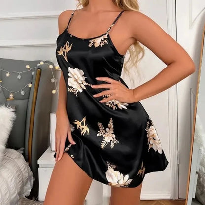 Women Nightwear Home Clothes Sexy Black Floral Printing Nightdress Sleepwear Nightshirts Silk Sleepshirts Nightgowns For Woman