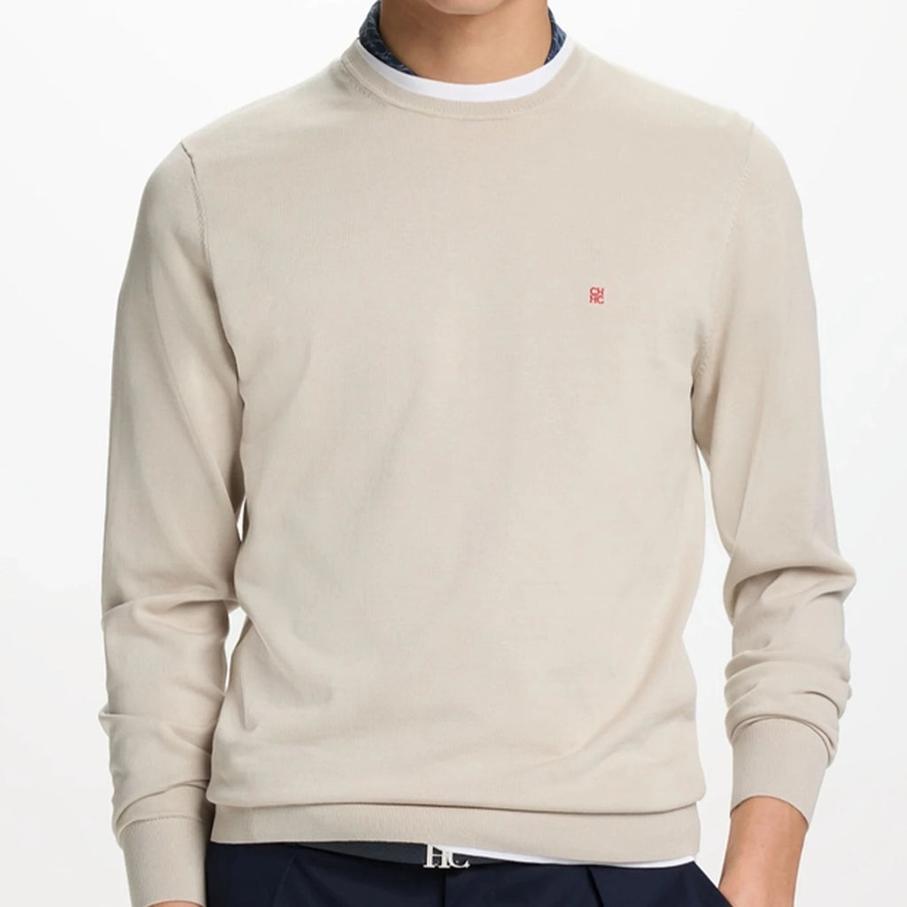CH Men's  Crew Neck Sweater Slim Fit Long Sleeve Knit Pullover with Red Embroidery Business Casual Top