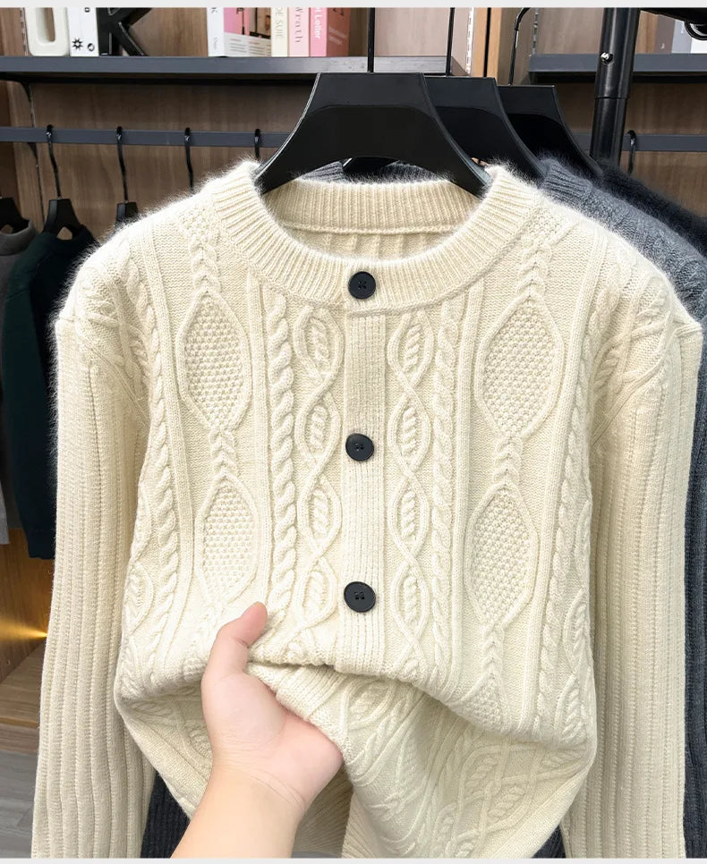 Men Cable Knit Cardigan Stand Collar Button Down Thick Warm Old Money Style Knit Coat For Autumn Winter