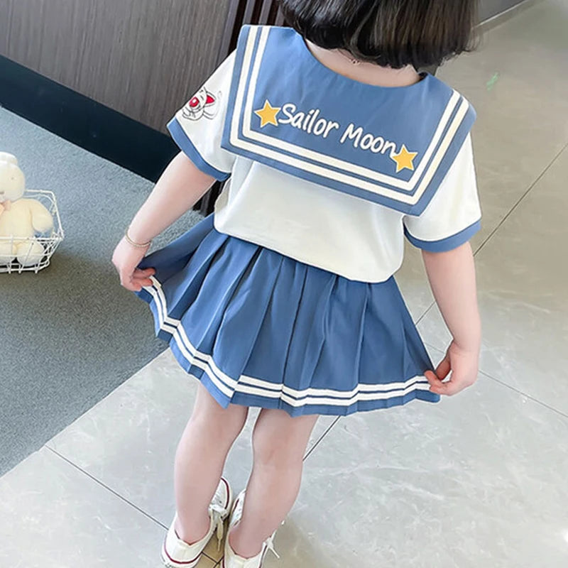 Kids Girls Clothes Sets Cartoon Bow T-Shirts Tops Pleated Skirts Suits Sailor Moon Cosplay Party Custume Children Clothes Sets