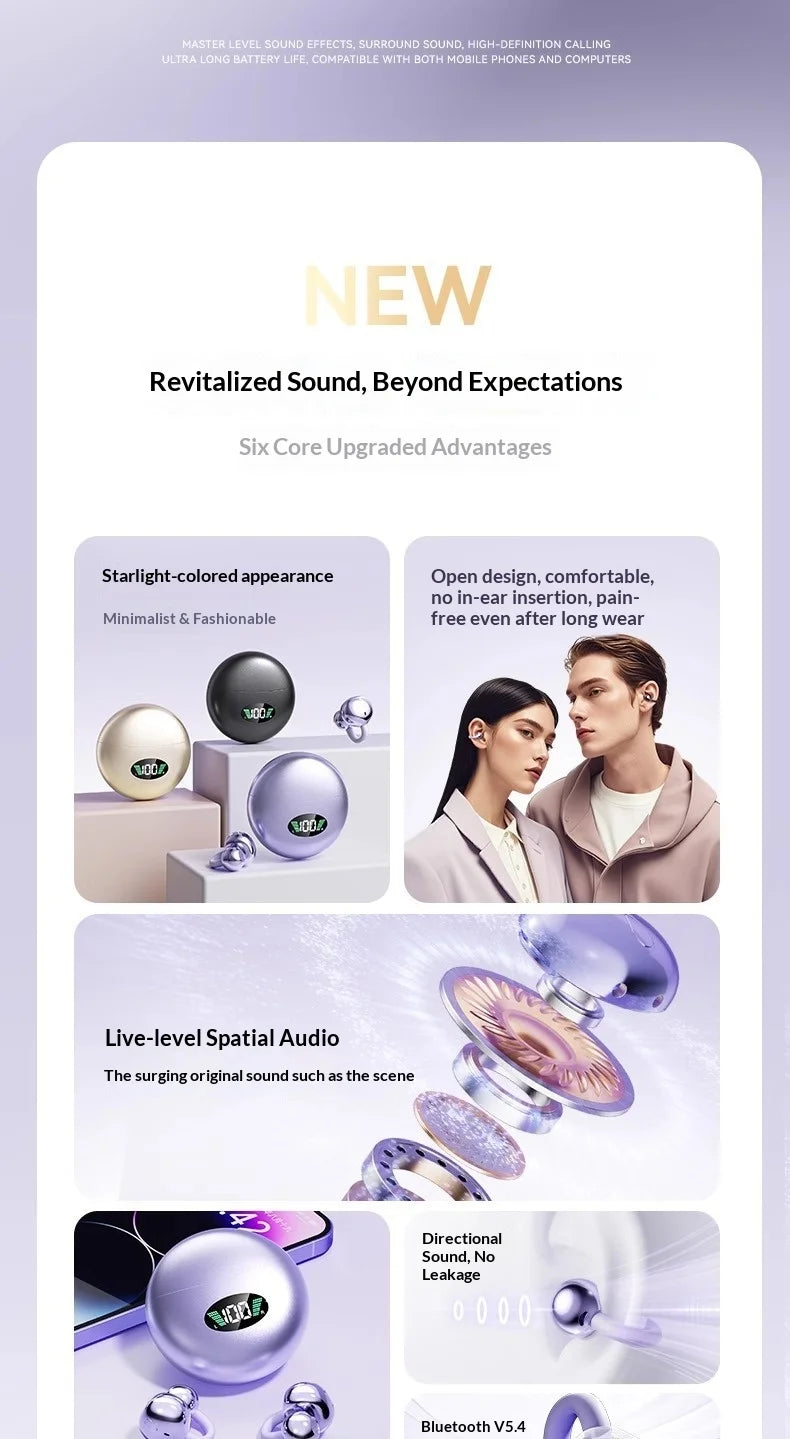 Wireless Clip-On Bluetooth Earbuds Premium HiFi Audio Sports Headphones Long Battery Life with Built-in Microphone