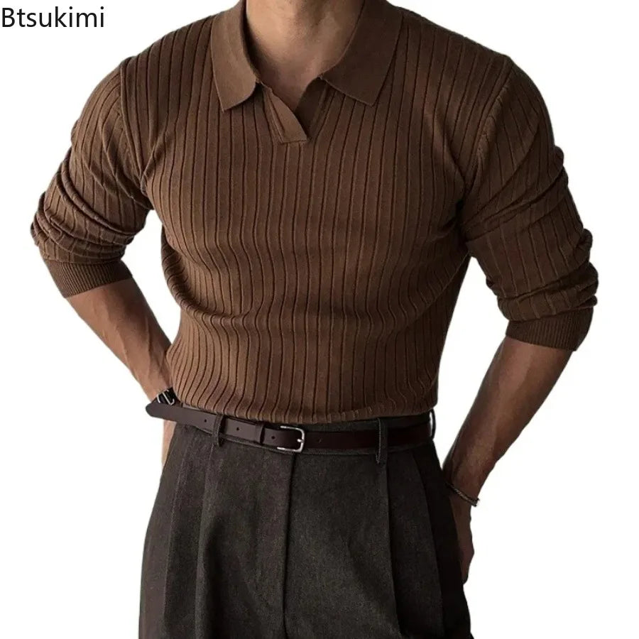 New 2026 Men's Knitted Long Sleeve Polo Shirt Fashion Slim Solid Lapel Sweaters Business Casual All-match Tops Men Wool Sweaters