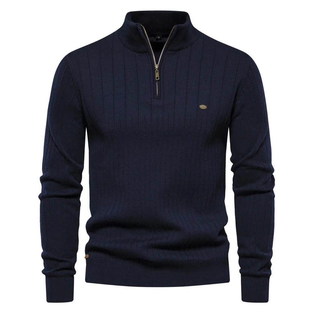 New Men's Half Zipper Pullover Sweaters High Quality Solid Knitted Sweater Tops Autumn Winter Stand Collar Warm Sweaters for Men