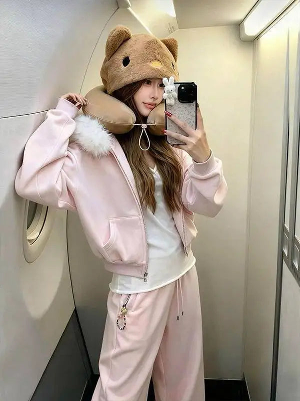 Pink Hooded Sweatshirt Set Women&