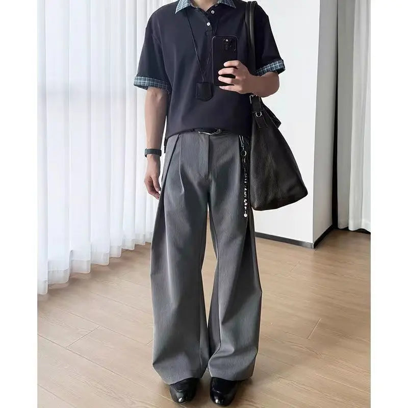 Spring Summer Pleated Wide Curved Trousers Men A-line Tailored Casual Suit Pants Streetwear Work wear Cleanfit Business
