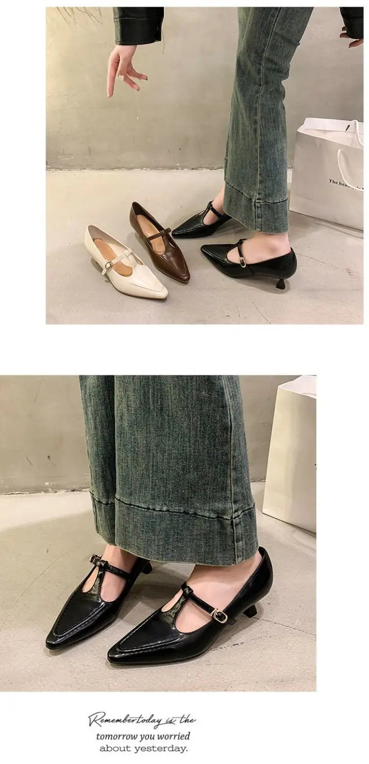 Women's Shoes Fashion Pointed Toe Buckle-heeled Single Shoes Retro Solid Color Medium Heels Casual Shallow Mouth Zapatos Mujer