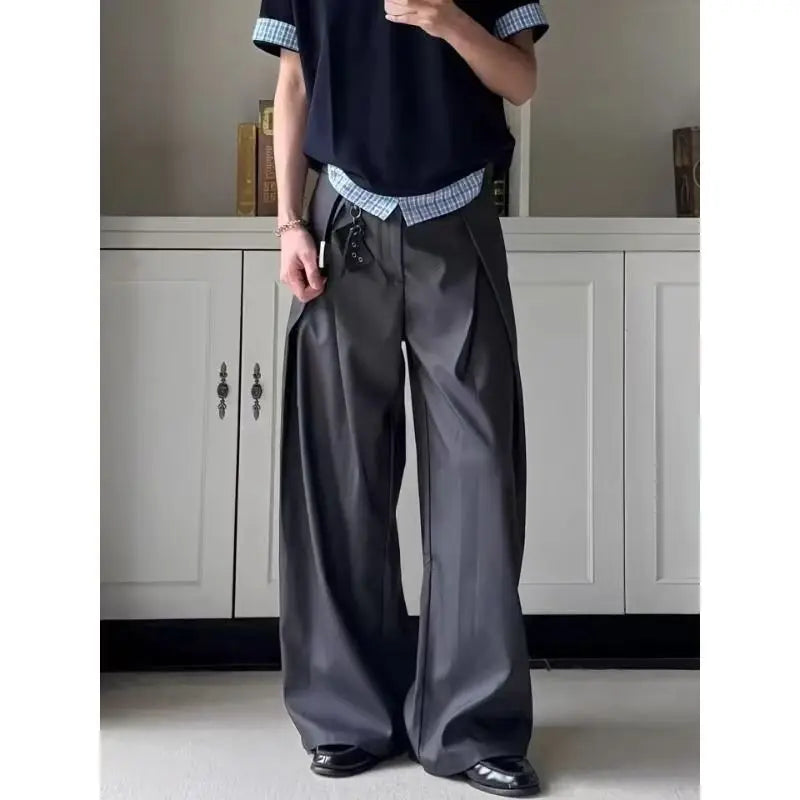 Spring Summer Pleated Wide Curved Trousers Men A-line Tailored Casual Suit Pants Streetwear Work wear Cleanfit Business