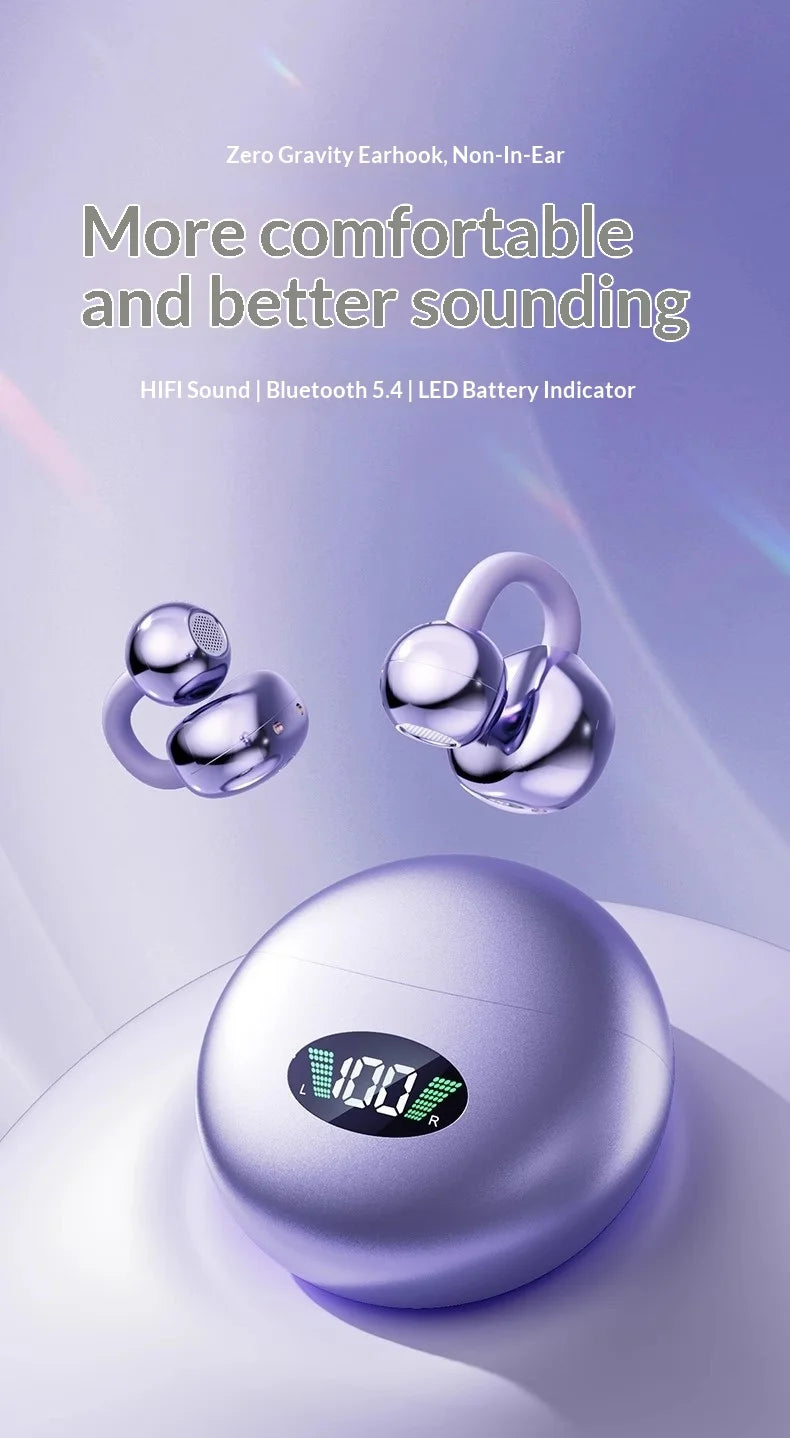 Wireless Clip-On Bluetooth Earbuds Premium HiFi Audio Sports Headphones Long Battery Life with Built-in Microphone