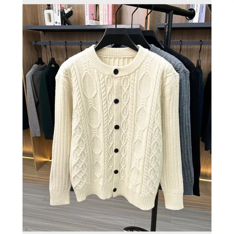 Men Cable Knit Cardigan Stand Collar Button Down Thick Warm Old Money Style Knit Coat For Autumn Winter