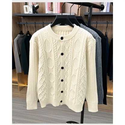 Men Cable Knit Cardigan Stand Collar Button Down Thick Warm Old Money Style Knit Coat For Autumn Winter