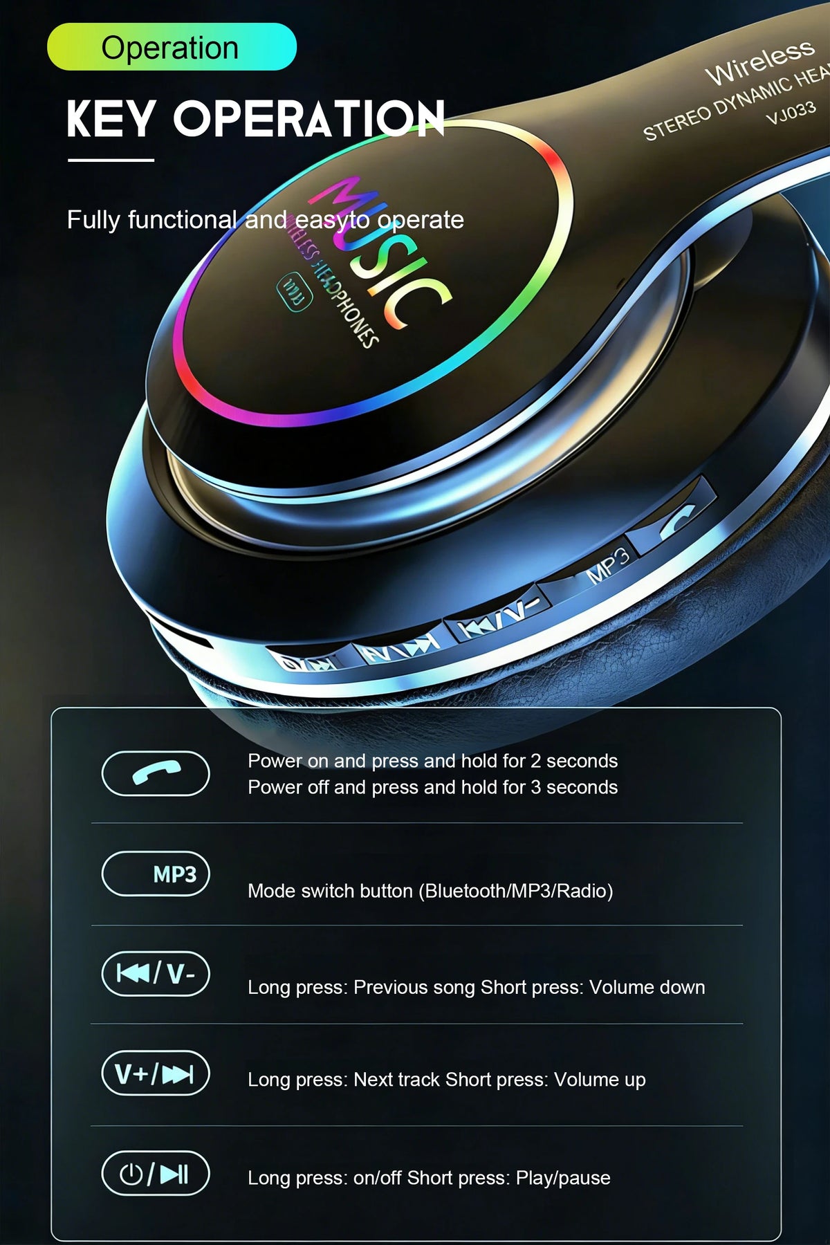 Wireless Bluetooth 5.0 HiFi Headphone With On-Ear Headset Stereo Sound Earphones Sports Office Game Foldable Low Latency