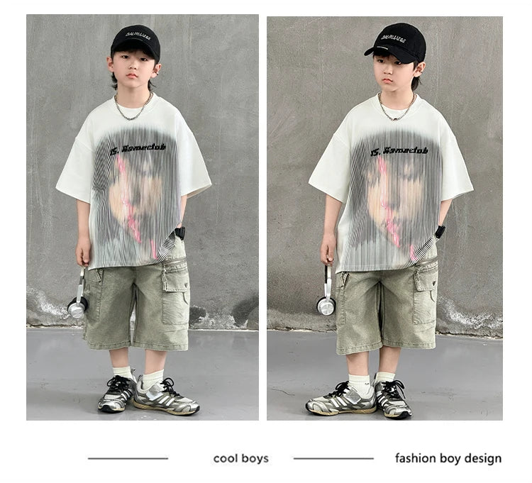 Korean Children Fashion Summer Clothes for Boy Streetwear Outfit Suit T-shirt Shorts Clothing Set Kids Street Top And Bottom Set