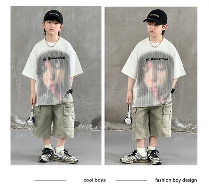 Korean Children Fashion Summer Clothes for Boy Streetwear Outfit Suit T-shirt Shorts Clothing Set Kids Street Top And Bottom Set