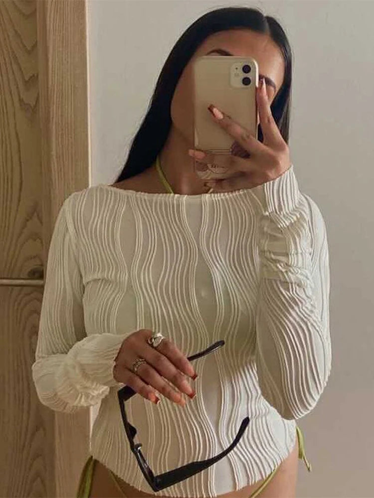 Woman Fashion Casual Ruched Long Sleeve T-shirt Blouses Female White Skinny Cropped Bottoming Shirt 2022 Autumn Y2K Top Clothes