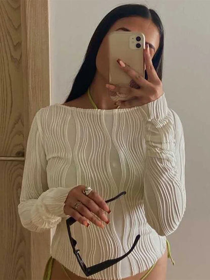 Woman Fashion Casual Ruched Long Sleeve T-shirt Blouses Female White Skinny Cropped Bottoming Shirt 2022 Autumn Y2K Top Clothes