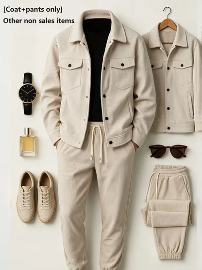 Men Corduroy 2‑Piece Outfit, Lapel Button Jacket and Drawstring Jogger Pants Set, Casual Daily Wear Men Suit
