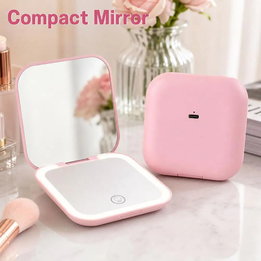 Rechargeable Handheld Mirror With 2X Magnification Portable Folding LED Makeup Mirror Pink Dual-Sided LED Lighted Makeup Mirror