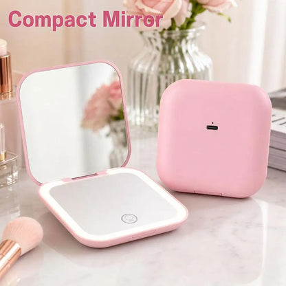 Rechargeable Handheld Mirror With 2X Magnification Portable Folding LED Makeup Mirror Pink Dual-Sided LED Lighted Makeup Mirror