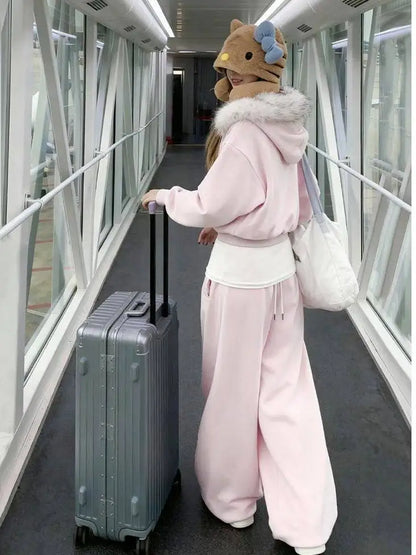 Pink Hooded Sweatshirt Set Women&