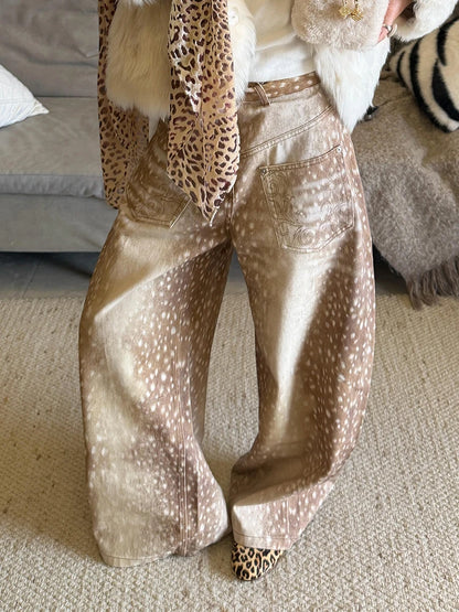 Women Deer Print Baggy Wide Leg Jeans Y2K Vintage High Waist Washed Denim Pants Embroidery Pocket Casual Streetwear Trousers