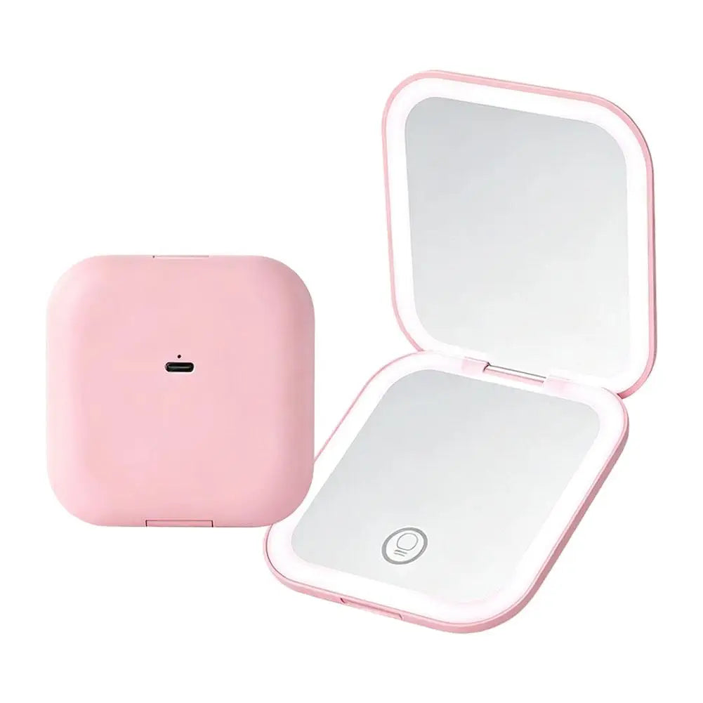 Rechargeable Handheld Mirror With 2X Magnification Portable Folding LED Makeup Mirror Pink Dual-Sided LED Lighted Makeup Mirror