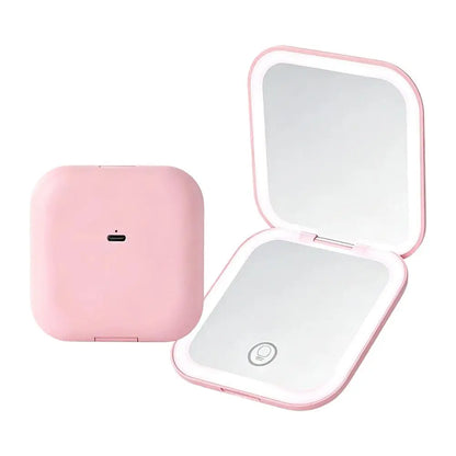 Rechargeable Handheld Mirror With 2X Magnification Portable Folding LED Makeup Mirror Pink Dual-Sided LED Lighted Makeup Mirror