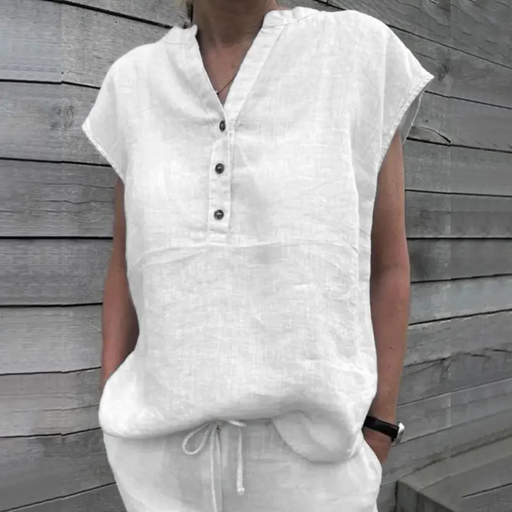 Women T-shirt Cotton Linen Summer Blouse Solid Color Simple Short Sleeve V Neck Quick Dry Daily Clothes Ropa Mujer Blusas