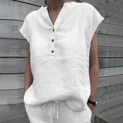 Women T-shirt Cotton Linen Summer Blouse Solid Color Simple Short Sleeve V Neck Quick Dry Daily Clothes Ropa Mujer Blusas