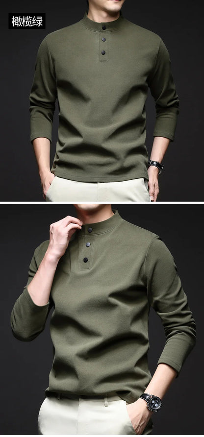 Men Mock Neck Henley Long Sleeve T Shirt Thick Warm Fleece Lined Casual Pullover Tops For Autumn Winter