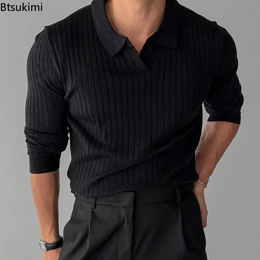 New 2026 Men's Knitted Long Sleeve Polo Shirt Fashion Slim Solid Lapel Sweaters Business Casual All-match Tops Men Wool Sweaters
