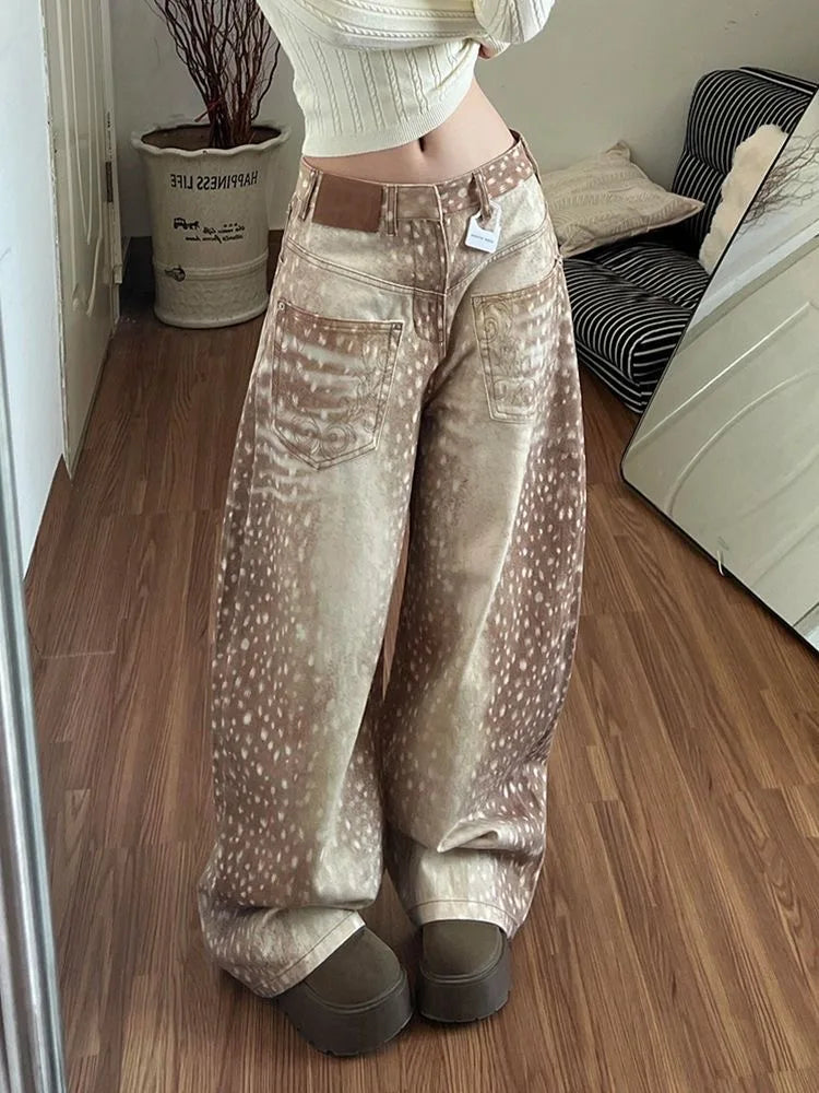 Women Deer Print Baggy Wide Leg Jeans Y2K Vintage High Waist Washed Denim Pants Embroidery Pocket Casual Streetwear Trousers