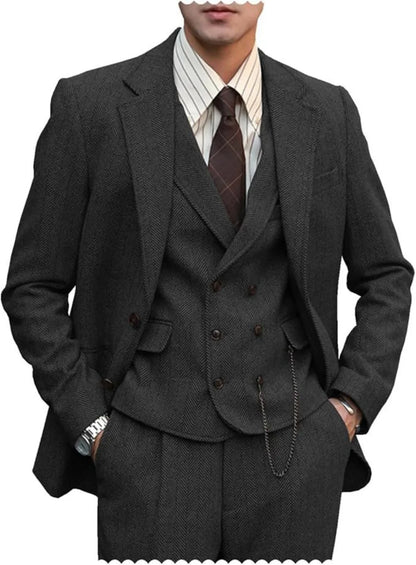 Mens Suits  3 Piece  Herringbone Tweed Wool Double Breasted Vest  Slim Fit Suit Prom Tuxedos Groomsmen For Wedding(Blazer+Vest