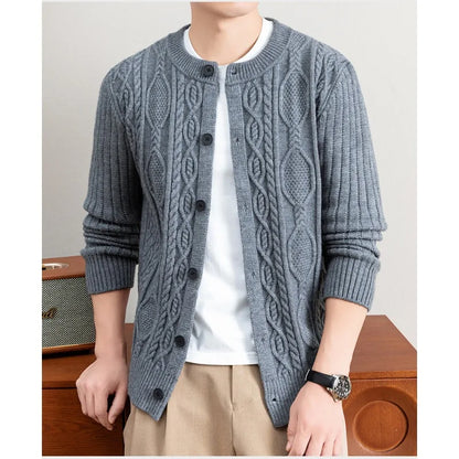 Men Cable Knit Cardigan Stand Collar Button Down Thick Warm Old Money Style Knit Coat For Autumn Winter