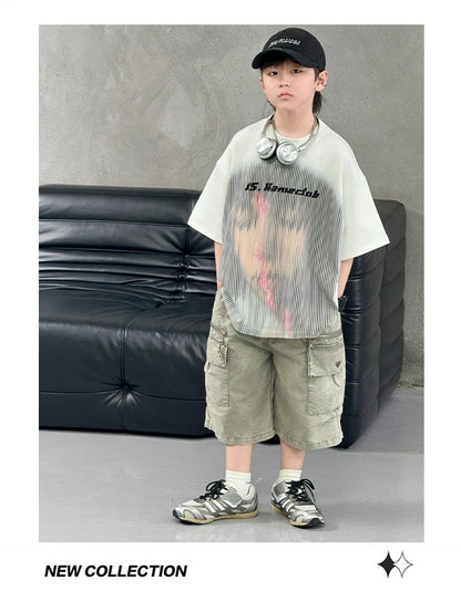 Korean Children Fashion Summer Clothes for Boy Streetwear Outfit Suit T-shirt Shorts Clothing Set Kids Street Top And Bottom Set