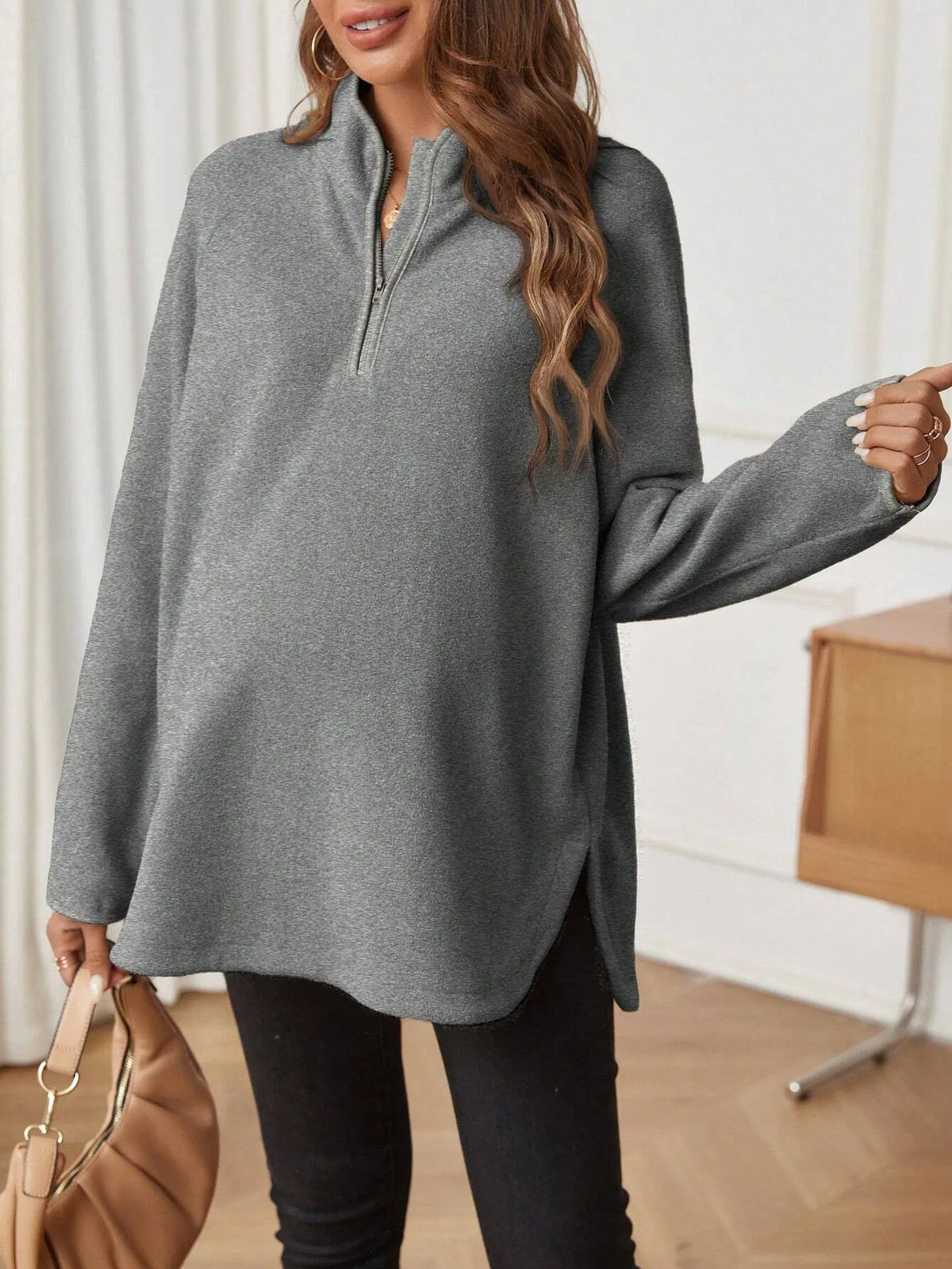 Maternity Clothes for Women Autumn Winter Pregnant Dresses Photoshoot Clothing Fashion Plain Zipper Loose Long-sleeved T-shirt