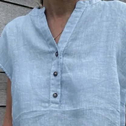 Women T-shirt Cotton Linen Summer Blouse Solid Color Simple Short Sleeve V Neck Quick Dry Daily Clothes Ropa Mujer Blusas