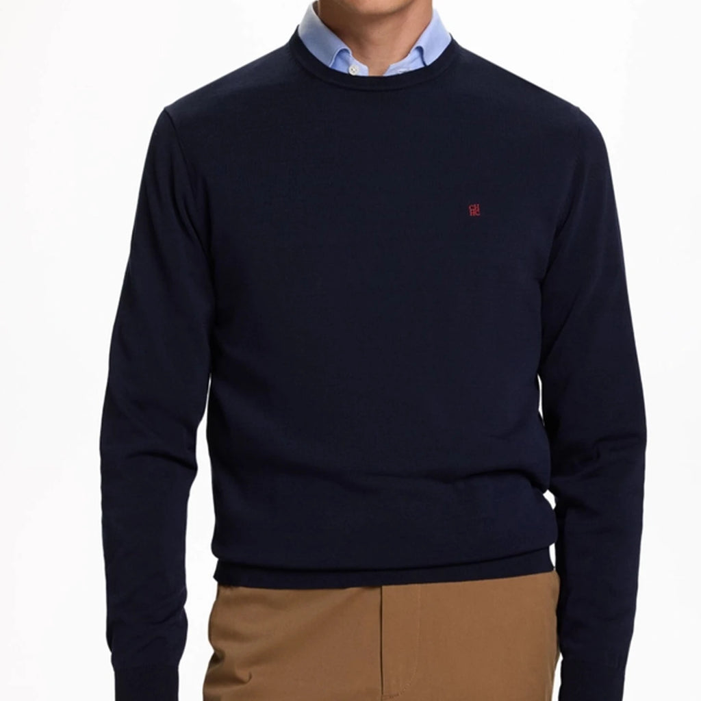 CH Men's  Crew Neck Sweater Slim Fit Long Sleeve Knit Pullover with Red Embroidery Business Casual Top