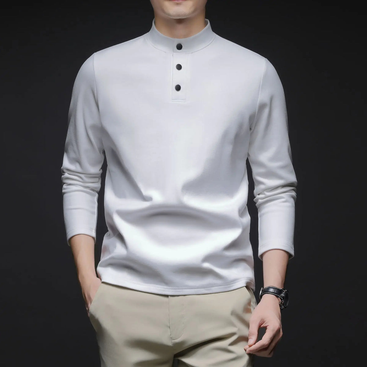 Men Mock Neck Henley Long Sleeve T Shirt Thick Warm Fleece Lined Casual Pullover Tops For Autumn Winter