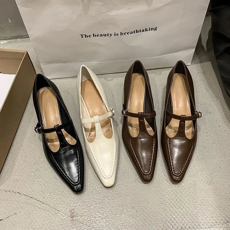 Women's Shoes Fashion Pointed Toe Buckle-heeled Single Shoes Retro Solid Color Medium Heels Casual Shallow Mouth Zapatos Mujer