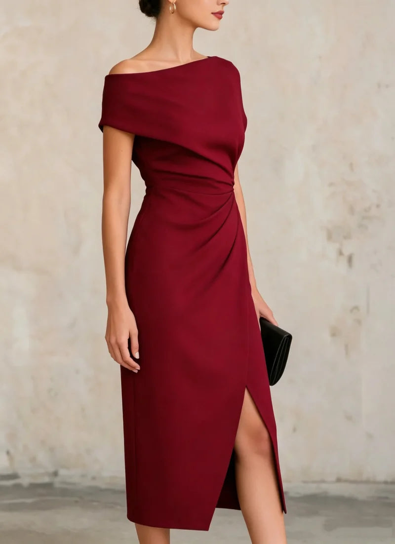 Women's Off Shoulder Ruched Bodycon Midi Dress for Cocktail Party and Formal Events